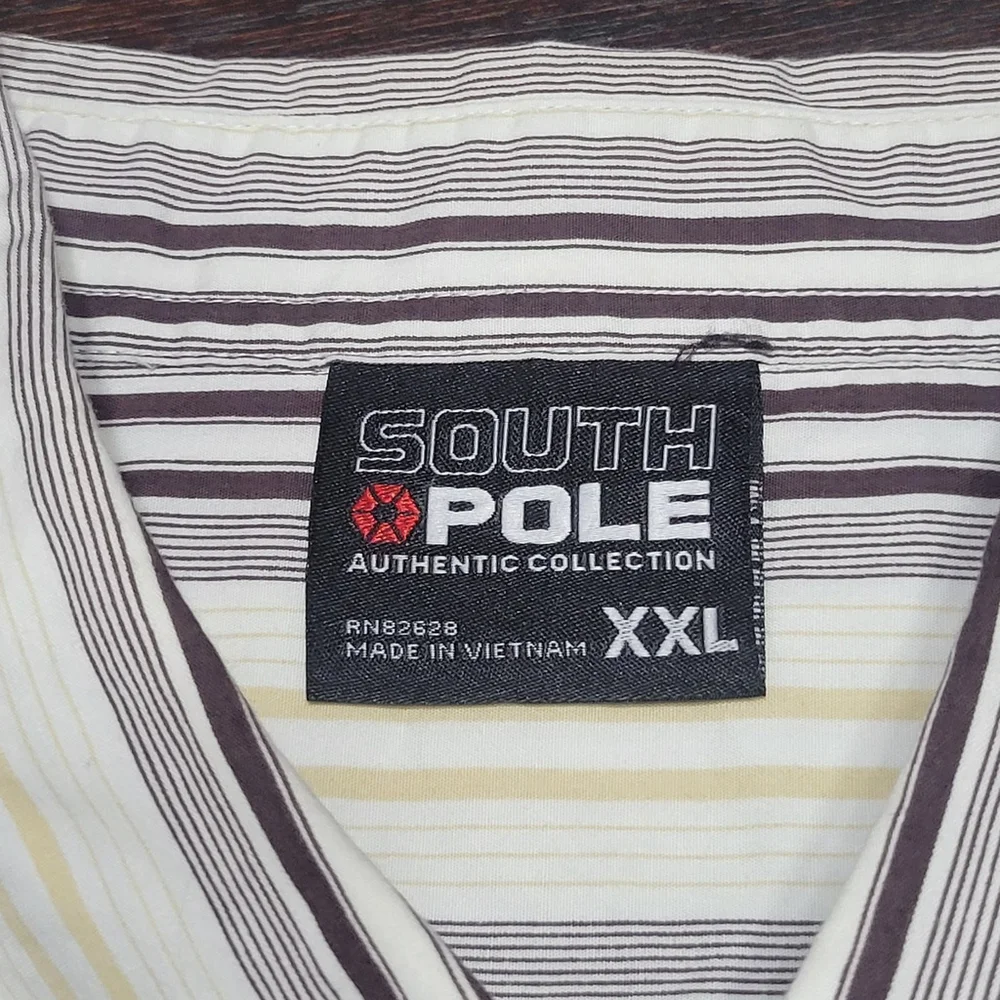South Pole Authentic Collection Striped Button Up Patches Size XXL Purple Tan